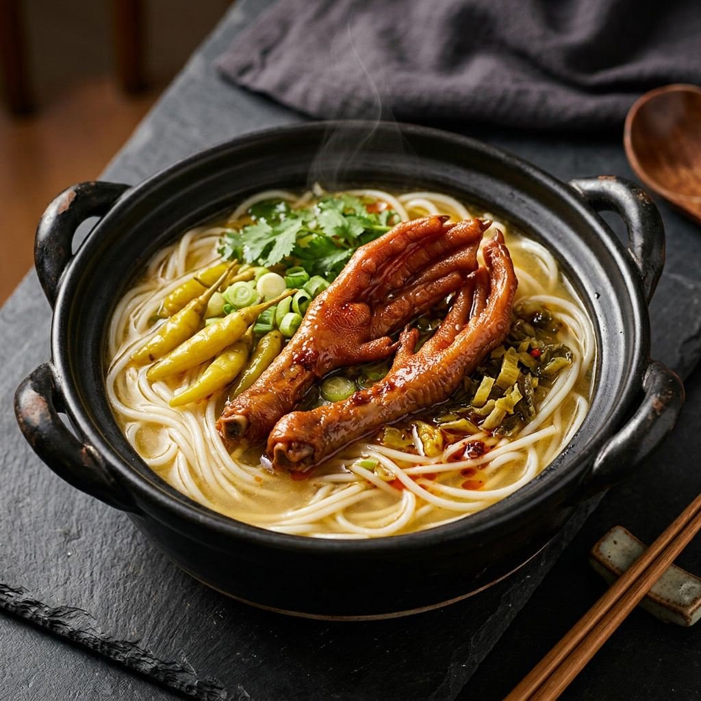 泡椒鸭掌米线 Pickled pepper duck feet rice noodles in a claypot