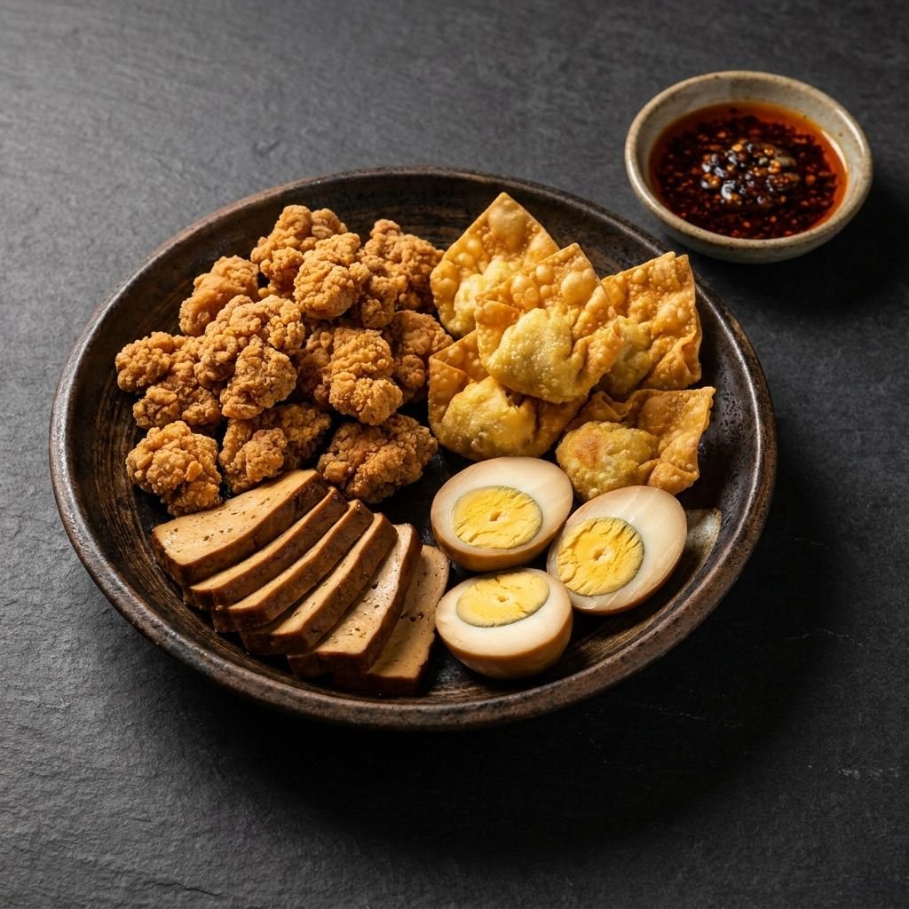 小吃拼盘 Side dish platter: fried wontons, braised eggs, crispy chicken